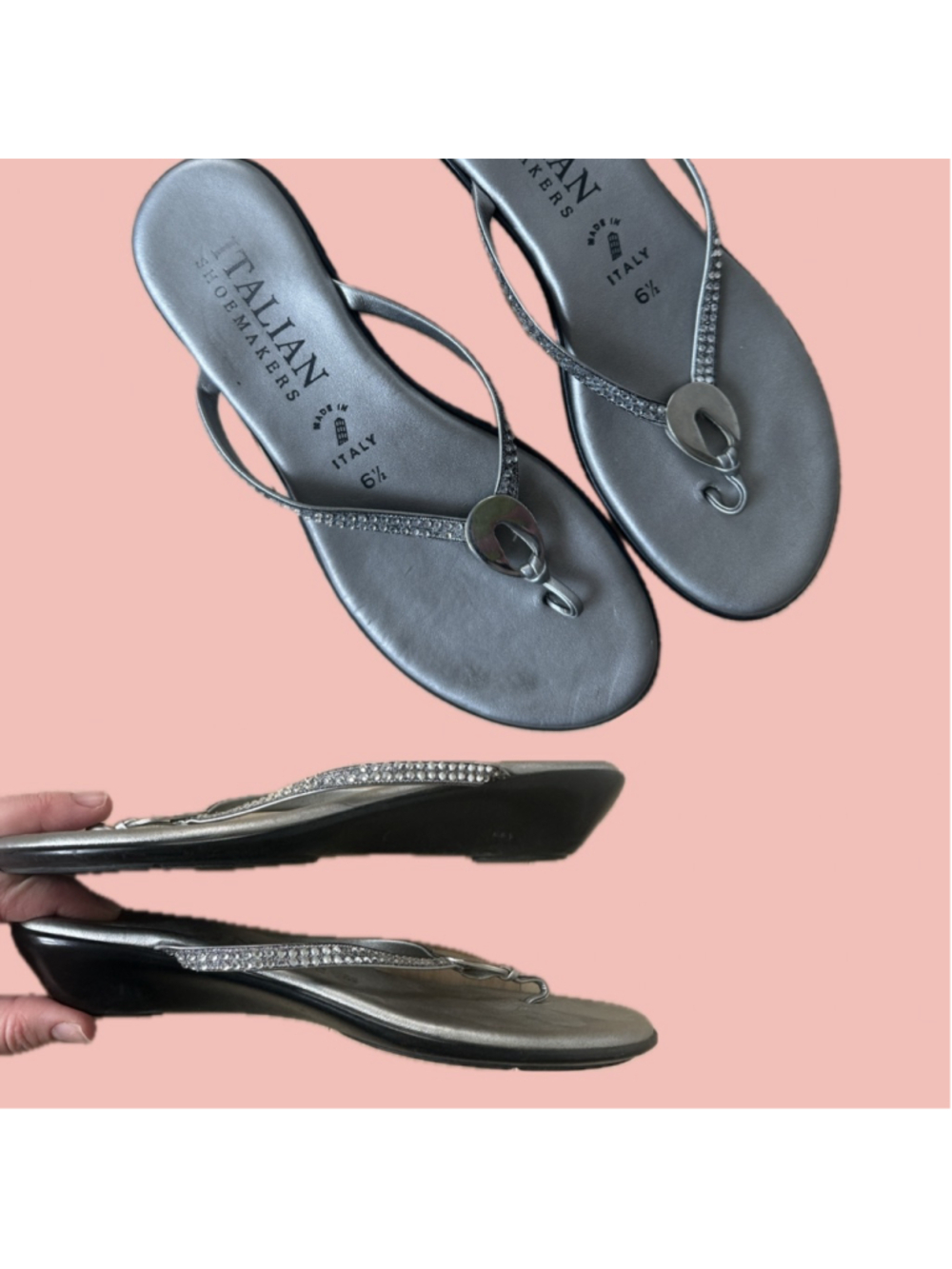 Italian Shoemakers Rhinestone Thong Sandals Silver Y2K Size 6.5